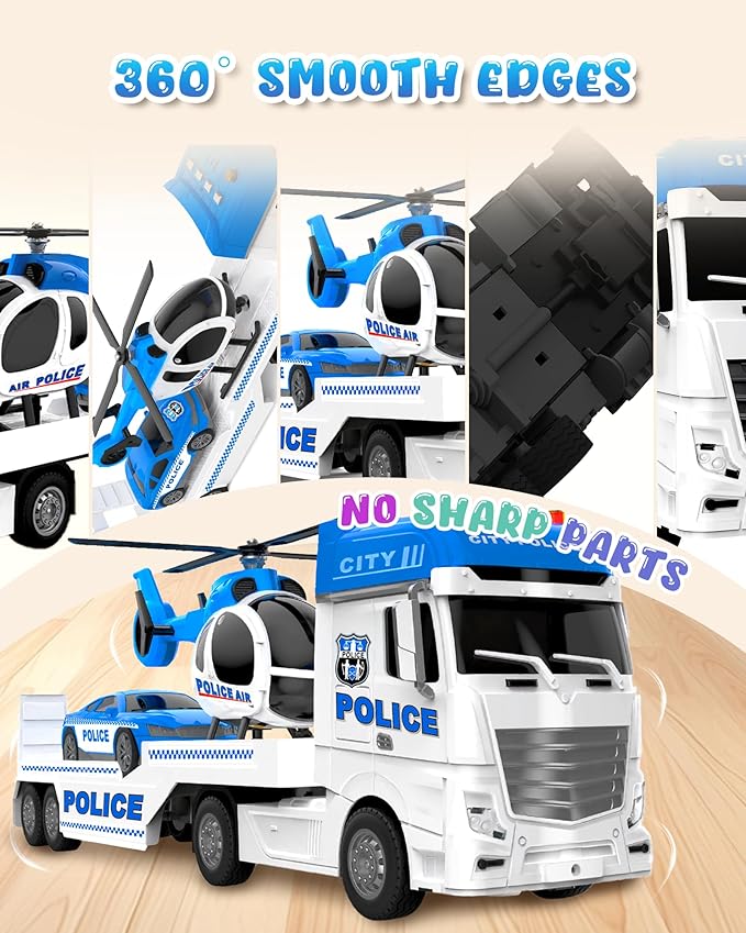 Toddler Boy Toys for 3 + Year Old, Large Semi Truck Toy with Racing Car and Helicopter Toy， Police Car Toy, Birthday for Kids Child Over 3 Years Old, 25''