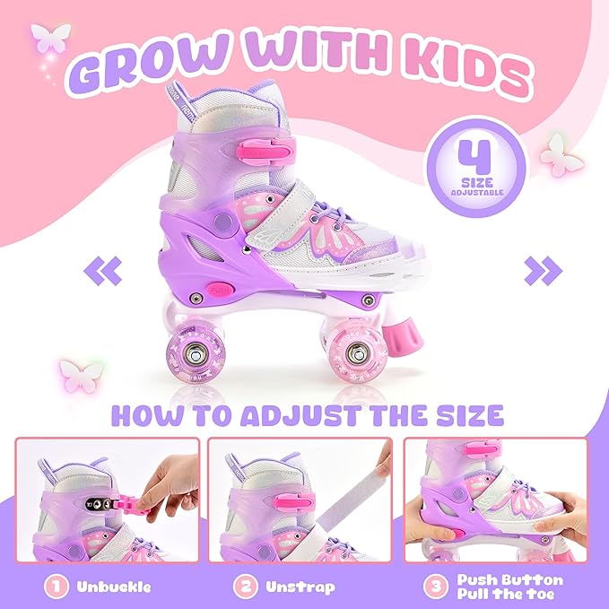 NEMONE Mermaid 4 Size Adjustable Light up Roller Skates for Girls, Purple Blue Skates for Toddlers, Beginner Kids Butterfly Roller Skates Indoor Outdoor