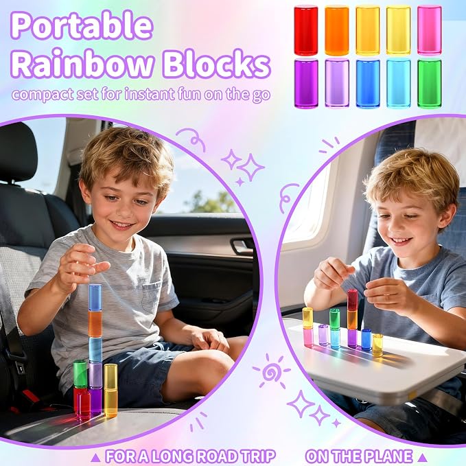 Rainbow Acrylic Blocks, 10 Stackable Cylinders for Kids Ages 3+ - Image 5