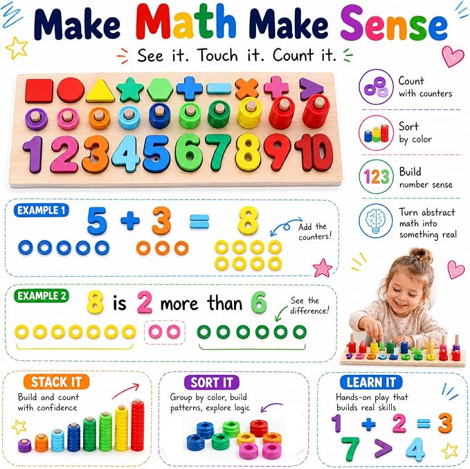 GeroCrew Wooden Montessori Toys for Kids Toddler Number Puzzles Sorter Counting Shape Stacker Stacking Game Preschool Toys for Boy Girl Learning Education Math Blocks Year Old Girl Gifts (Rainbow) - Image 4