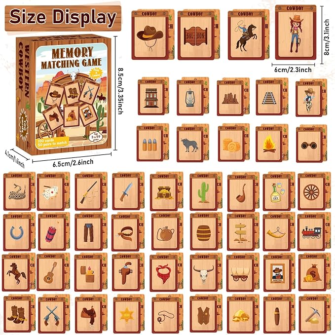 gisgfim 100 PCS Memory Matching Game Cowboy Concentration Memory Card Games for Kids Educational A Fun & Fast Western Party Favor Wild West Theme Matching Games - Image 2