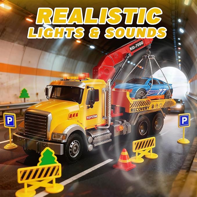 SMILESSKIDDO Toddler Boy Toys for 3 4 5 6 Year Old - 1:12 Large Friction Powered Tow Truck with Light & Sound, Sports Car & Road Signs, Birthday Gifts for Kids, Toddlers Gifts