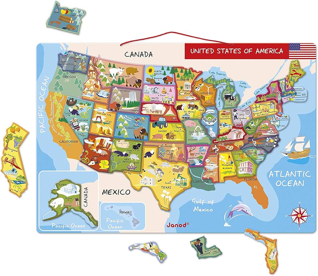 Janod - Kids Magnetic USA map Puzzle - 19.7 x 13.4 in - 48 Pieces by Janod