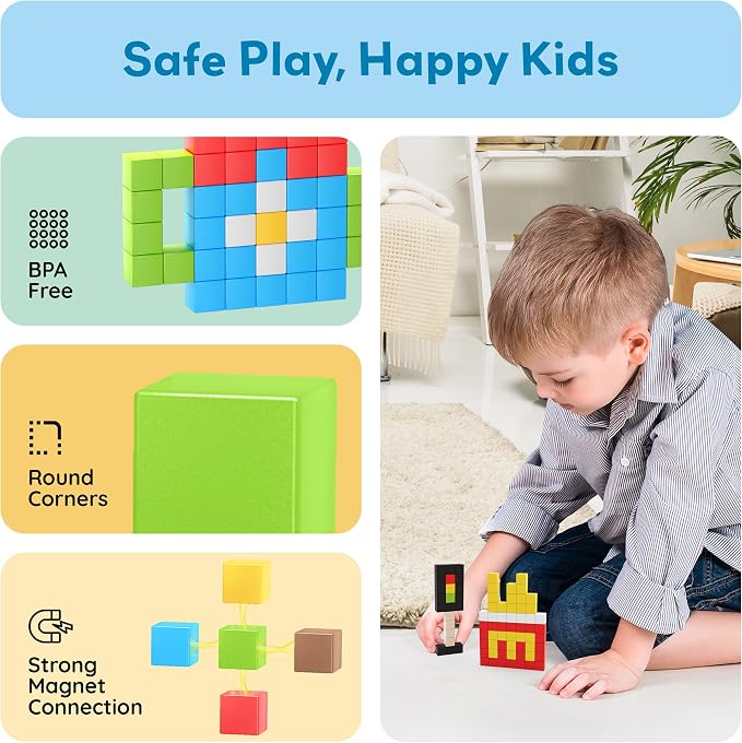 PicassoTiles 100pcs 0.5” Pixel Magnetic Puzzle Cube Mix & Match Cubes Sensory Toys STEAM Education Learning Building Block Magnets Children Construction Toy Set Stacking Magnet Creative Kit PMC100 - Image 6