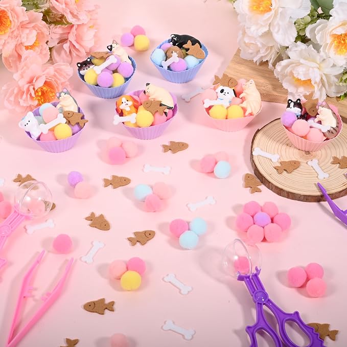 Sanixn 207 Pcs Pet Sensory Bin Fillers Dog and Cat Fine Motor Skills Pet Sensory Bin Item Pompoms Cups Tweezers Scissor Clips for Sorting Counting Fun Activities(Pet) - Image 6