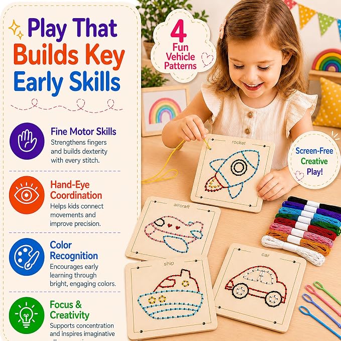 Montessori Wooden Lacing Toys for Toddlers and Kids Ages 2-4 5-7, Sewing Kit Fine Motor Skill Busy Board, Education Sensory Preschool Toy for 1 2 3 4 Year Olds, Birthday Gift for Boys and Girls - Image 2