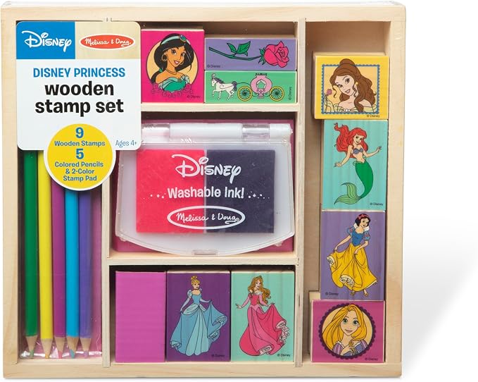 Melissa & Doug Disney Princess Wooden Stamp Set: 9 Stamps, 5 Colored Pencils, and 2-Color Stamp Pad Disney Princess Coloring, Stamps with Washable Ink, for Kids Ages 4+ - Image 3
