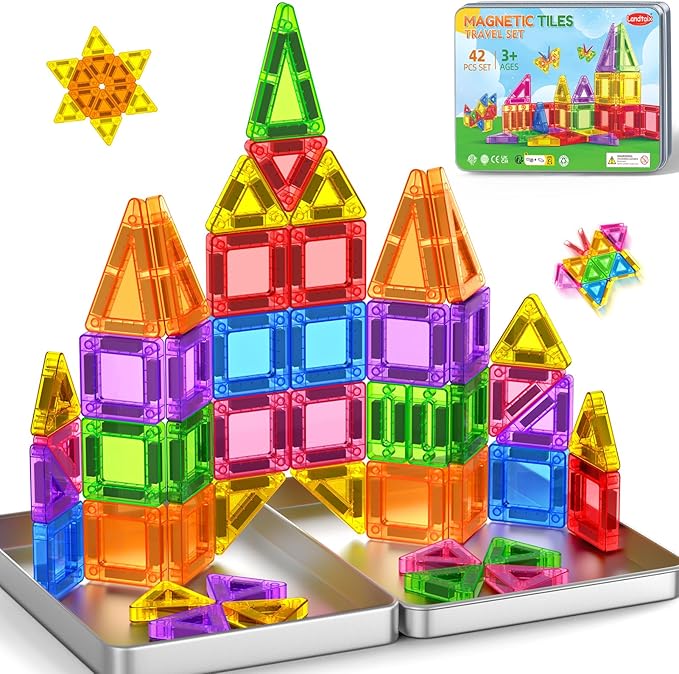 Mini Magnetic Tiles Travel Set Magnetic Tiles with Iron Box 42PCS by Landtaix