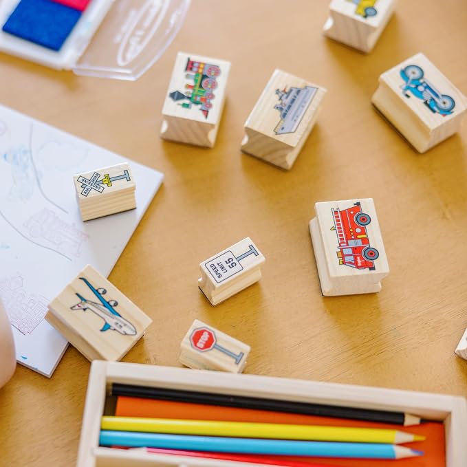 Melissa & Doug Wooden Stamp Set: Vehicles - 10 Stamps, 5 Colored Pencils, 2-Color Stamp Pad - Image 9