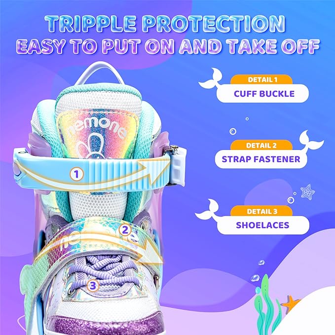 NEMONE Mermaid 4 Size Adjustable Light up Roller Skates for Girls, Purple Blue Skates for Toddlers, Beginner Kids Butterfly Roller Skates Indoor Outdoor