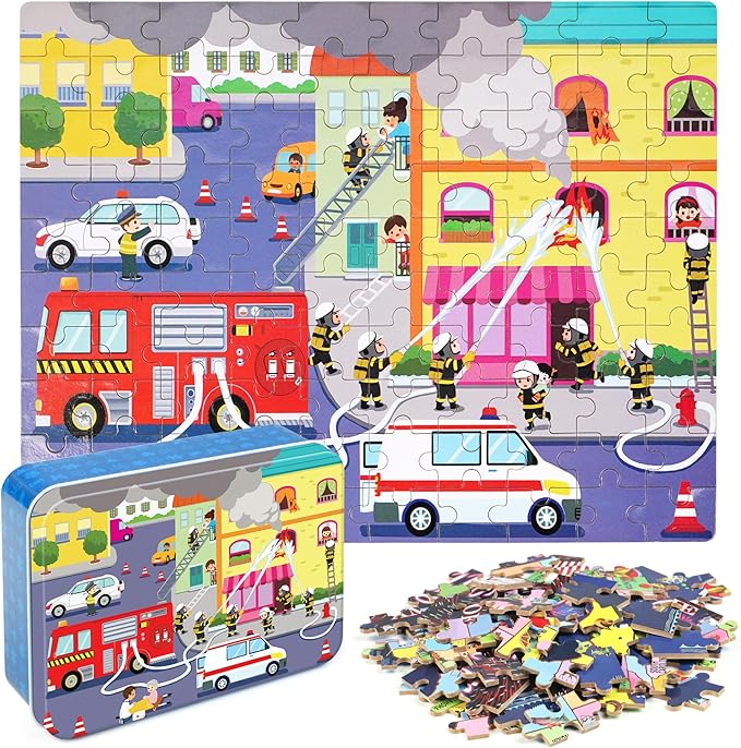 LELEMON 100 Pieces Jigsaw Puzzles in a Metal Box for Kids Age for 4-8 Boys Girls Toy Puzzles Fire Truck Ambulance Police Car Fireman Children Learning Educational Puzzles Toys by LELEMON