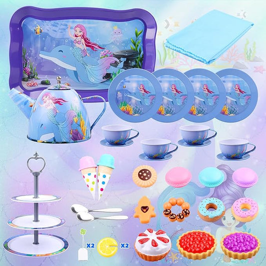 Auney Tea Set Toys for Girls 36pcs, Mermaid Pretend Play Gifts for Toddler Age 3-6, Kids Girls Toys Gifts for Party Time Including Carrying Case (Mermaid Toy)