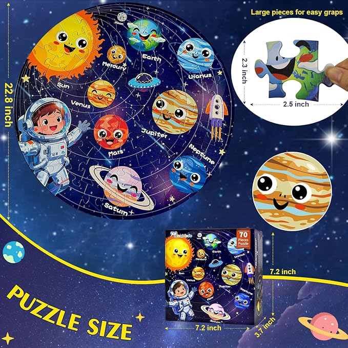 Floor Puzzles for Kids Ages 4-6 70 Piece Glow in The Dark Solar System Puzzles 3-5 Space Planets Toys Large Jigsaw Puzzle Learning Educational Toy Birthday Gift for Boys Girls Ages 6-8