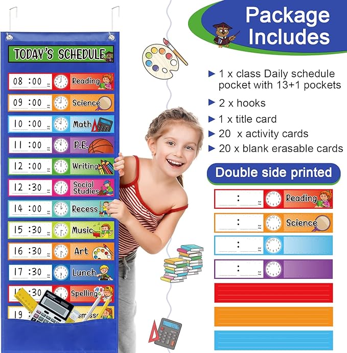 Daily Schedule Pocket Chart Kit,40 Bright Attractive Double-Sided Reusable Erasable Cards,1 Title Card,13+1 Scheduling Pocket Chart with 2 Hangers for Classroom Office Home Preschool Learning (Blue) - Image 2