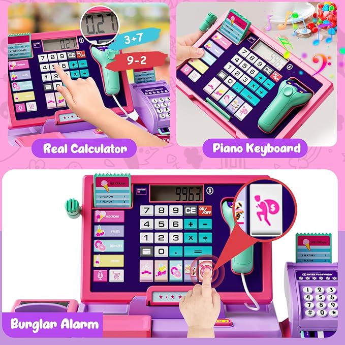 Upgraded Kids Cash Register Toy for Boys Girls, Toddler Pretend Play Cashier Register with Shop Accessories, Calculator Cash Register with Scanner/Credit Card (Pink)
