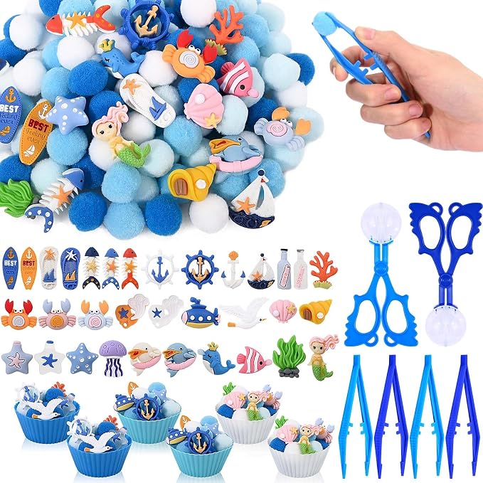 Sanixin 168 Pcs Ocean Sensory Bin Fillers Sea Animal Fine Motor Skills Summer Sensory Bin Item Pompoms Cups Tweezers Scissor Clips for Preschool Education Activities Sorting Counting (Sea) by Sanixin