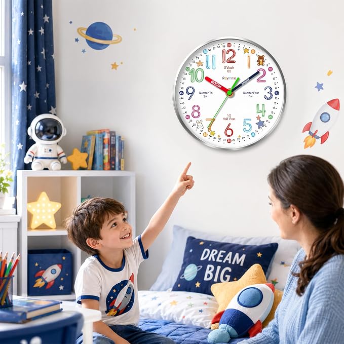 Roymnie Wall Clock Learning Non-Ticking Battery Operated Silent Colorful - Image 6