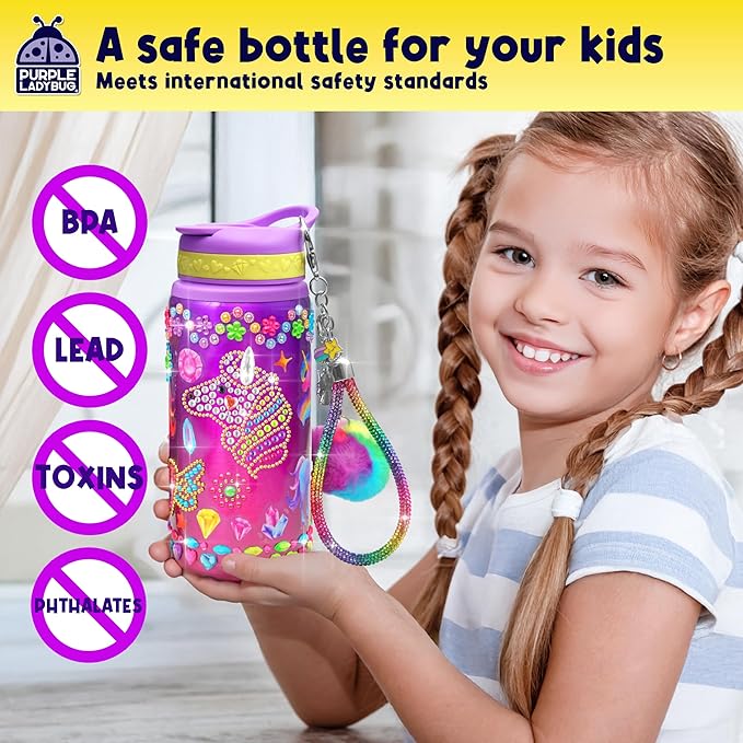 PURPLE LADYBUG Decorate Your Own Water Bottle Kit for Girls - Gifts for Ages 5 6 7 8 9 10 Year Old Girl Birthday, Girl Valentines Day Gifts Unicorn Toys Crafts Kids Ages 6-12