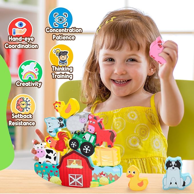 IPOURUP Montessori Toys for Kids 3-7 Wooden Farm Animal Blocks Stacking Games Educational Toy for 3 4 5 6 Year Old Girls Boys Christmas Birthday Gifts for Grandkids Toddler Balance Game Girls Age 3-5 - Image 2