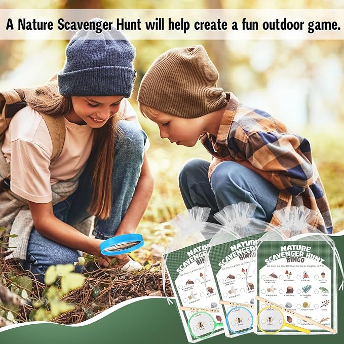 HyDren 45 Pcs 15 Set Nature Scavenger Hunt Game Kits, 15 Hunting Cards, 15 Magnifying Glass, 15 Pencils, 15 Organza Bags Family Camping Games Play for Nature Exploration Outdoor Activities Party Favor - Image 5