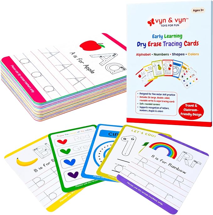 Alphabet Number Tracing Flash Cards | Reusable Large Dry Erase ABC, Numbers, Shapes & Colors | Upper & Lowercase Writing Practice | Montessori Learning for Toddlers, Preschool & Kindergarten by VYNVYN