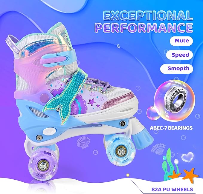 NEMONE Mermaid 4 Size Adjustable Light up Roller Skates for Girls, Purple Blue Skates for Toddlers, Beginner Kids Butterfly Roller Skates Indoor Outdoor