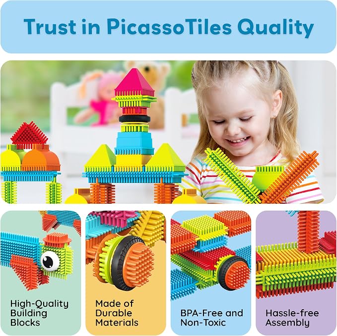 PicassoTiles 240 Piece Hedgehog Bristle Blocks 3D STEM Building Toy Ages 3+ - Image 8