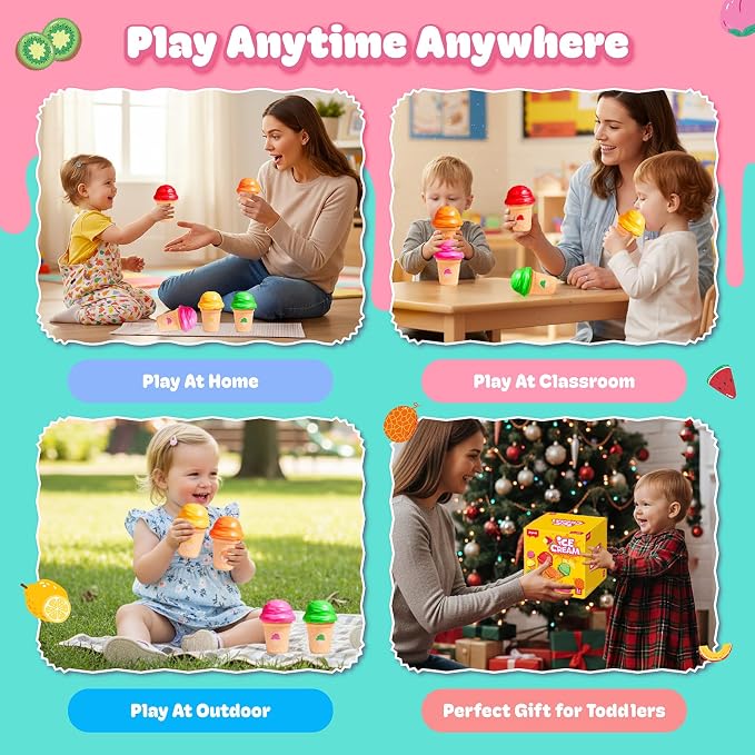 JoyCat Ice Cream Sorting and Stacking Pretend Play Toy Set, 5 Cones - Image 6