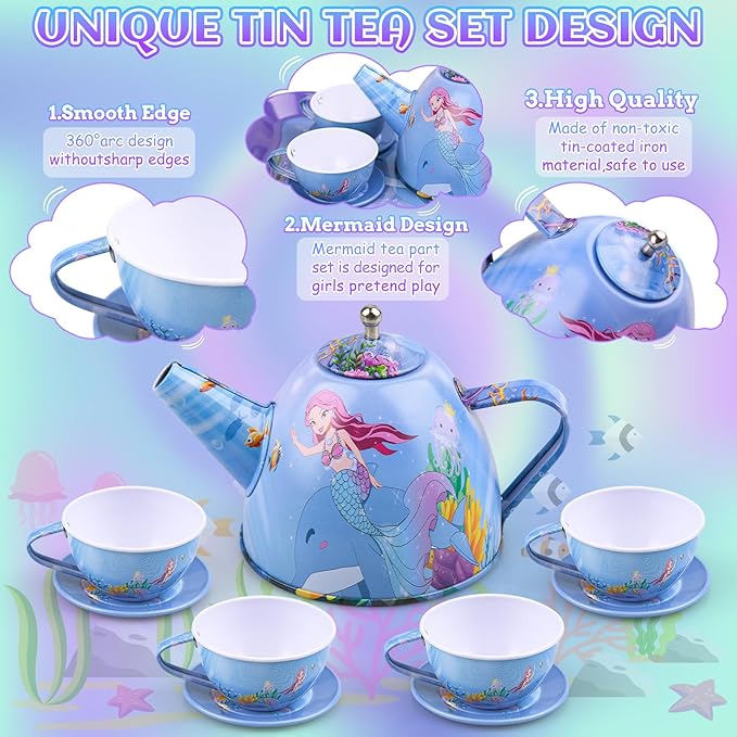 Auney Tea Set Toys for Girls 36pcs, Mermaid Pretend Play Gifts for Toddler Age 3-6, Kids Girls Toys Gifts for Party Time Including Carrying Case (Mermaid Toy)