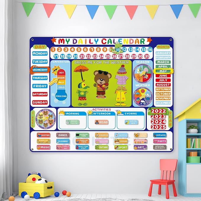 My Daily Calendar Felt Board for Kids Preschool Classroom Calendar 3.5Ft Circle Time Learning Center All About Today Activities Bear Dress Emotion Weather Season Days of the Week for Toddlers Learning - Image 6