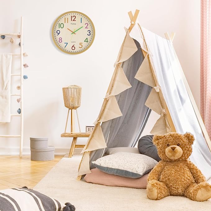 Foxtop 14 Inch Kids Wall Clock Silent Non-Ticking Battery Operated Colorful Childrens Wall Clock for Classroom Playroom Nursery Bedrooms Kids Room School - Image 5