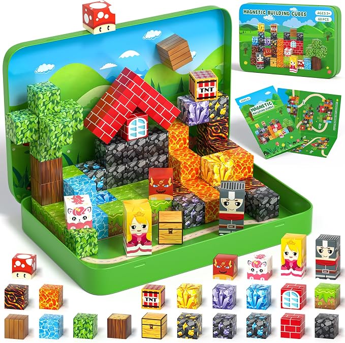 Axirata 60PCS Mini Magnetic Blocks Travel Set for Kids, Mini Magnetic Tiles Building Cubes with Portable Iron Box, STEM Learning Sensory Toy for Toddler Boys Girls Age 3-5 4-8 8-12+ by Axirata