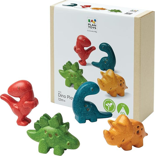 PlanToys 4 Dinosaur Dino Animal Playset (6126) | Sustainably Made from Rubberwood and Non-Toxic Paints and Dyes | Eco-Friendly PlanWood