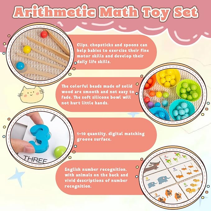 Montessori Arithmetic Math Toy Set, Montessori Arithmetic Kit, Silicone Number Learning with Beads, Number Cognitive Clip Bead Matching Gamefor Early Childhood Educational Activities (1Set) - Image 3