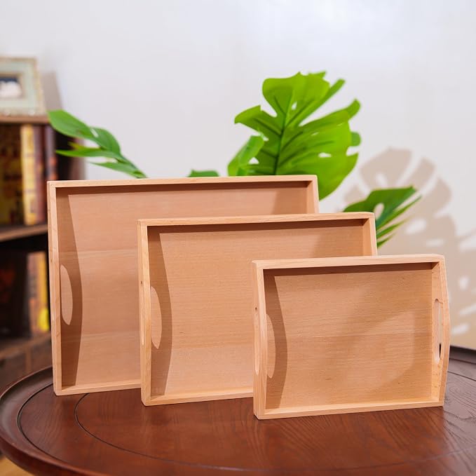 Premium Montessori Wooden Trays Set of 3- Solid Beechwood Wooden Working Trays with Handles for Classroom, Kids Dining & Toy Storage, Toddler Learning Tools, Sensory Bins & Home Organization - Image 2