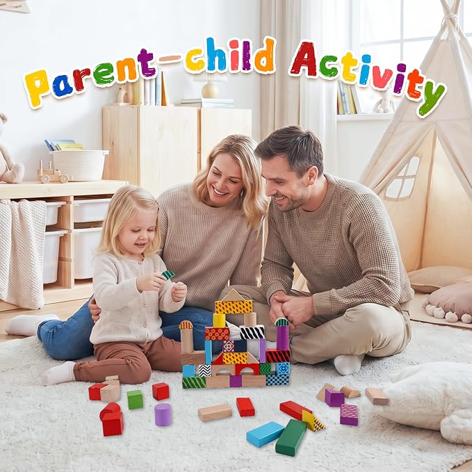 Offelec 50 Pcs Wooden Building Blocks Set with Storage Bucket, Montessori Stacking Blocks & Shape Sorting Toys for Toddlers, Preschool Learning Toys for Boys & Girls, Kids Brightly Colored Blocks - Image 4