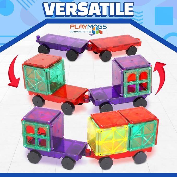 Playmags Magnetic Car Set (2 Pieces) – Strong Magnet Car Bases for Magnetic Tiles, STEM Building Toy Accessories for Kids, Compatible with Magnetic Blocks, Durable Wheels, Creative Play Add-On - Image 4