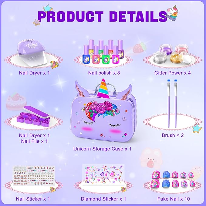 Kids Nail Polish Set for Girls, Non-Toxic All-in-One Nail Art Kit with Nail Dryer and Peelable Nail Polish, Ideal Gift Toys for Girls Age 3-12