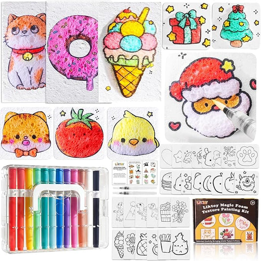 Liktoy 74Pcs Magic Foam Texture Painting Kit, 42Pcs Foam Texture Paper, 24 Colorful Brush, 2 Water Brushes, 3D Effect Texture Painting Set, Ideal for Halloween, Christmas, Birthday Gifts