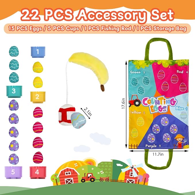 Montessori Toys for 1 2 Year Old, Toddler Egg Fishing Game with Stacking Cups, Soft Farm Learning Toy for Counting, Color Sorting, Fine Motor Skills, Easter Birthday Gift - Image 7