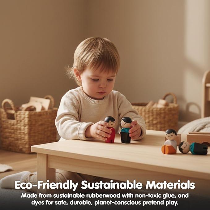 PlanToys® PlanWorld Family Set | 4 Wooden Poseable Figures for PlanCity & PlanWorld Playsets | Montessori Pretend Play Family with Flexible Arms & Legs | Eco-Friendly Sustainable Wooden Toy for Kids