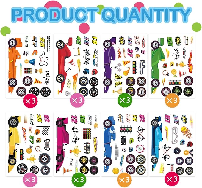 24 Sheets Make Your Own Race Car Stickers, Sporty Racing Car Stickers for Kids, Racing Gifts Party Favors Birthday Decorations, Classroom Teacher Reward Craft