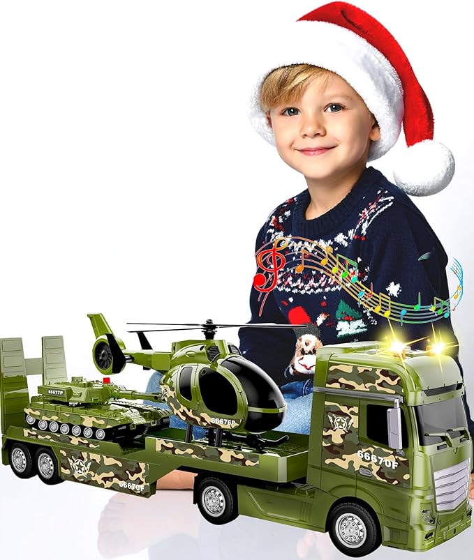 Toddler Boy Toys for 3 4 5 6 7 Years Kids, 25.6" Large Semi Truck Toy with Tank and Helicopter Toy, Army Military Toys with Sounds and Lights, Birthday Chritmas Gifts for Child