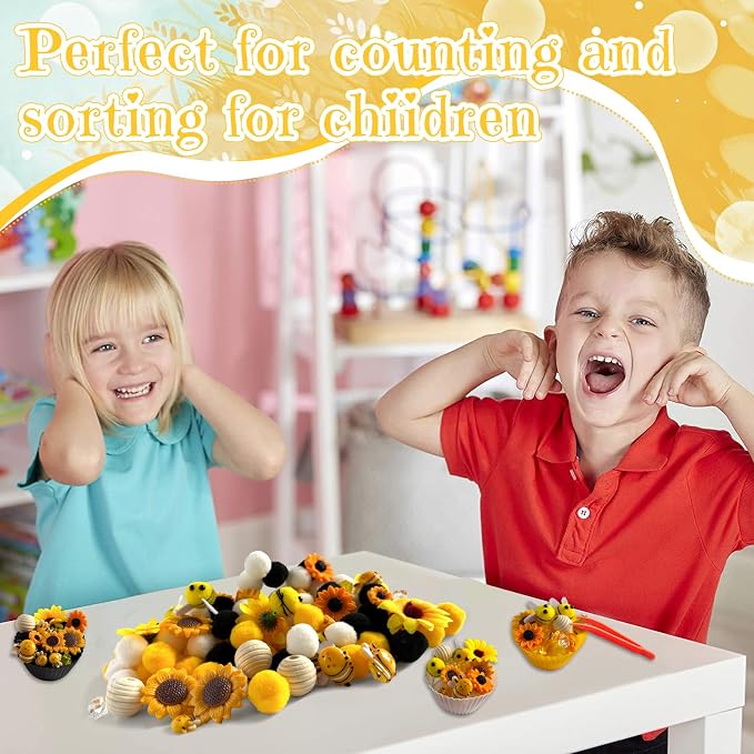 196Pcs Sensory Bin Filler, Fine Motor Toys Bee Themed Sensory Bin Items Counting Sorting Toy Colorful Pom Poms Cup Bee Honeycomb Wooden Scoop for Preschool Education Activities - Image 3