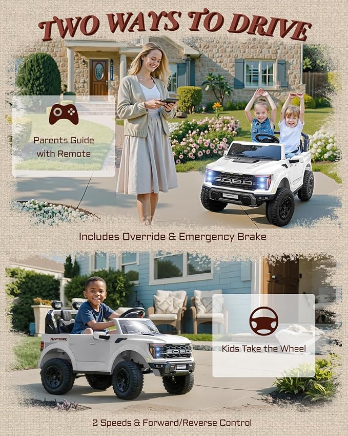 First Ride On 24V Kids Ride On Truck, Licensed Ford F-150 Raptor 2 Seater Electric Car w/Remote Control, Toddler Ride On Car Toys w/LED Lights, Bluetooth, Music, Truck Bed Storage, Soft Start (White)