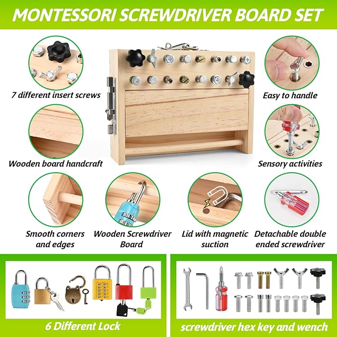 Montessori Screwdriver Board Set, Montessori Toys for 3 4 5 with 6 Locks and Keys, Toddler Screwdriver Toy, Kids Tool Set, Preschool Learning Sensory Toy, Fine Motor Skills Toys - Image 3