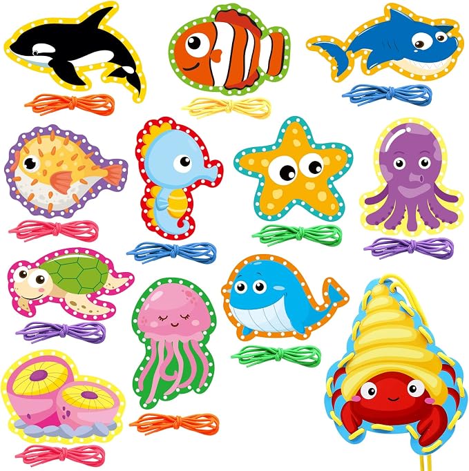 Sea Animals Lacing Cards Sewing Cards For Kids 12 Pack Shark Whale Ocean Theme Party Decor Double Sided Cardboard Lacing Playing Games for Preschool Home Developing Imagination Education Supplies by Omlisca