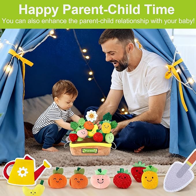 Baby Toys for 6-12 Months, Fruits Vegetables Plush Montessori Toys, Color Shape Sorting Crinkle Rattle Textures Sensory Toy, Fine Motor Skills Christmas Baby Gift for 0+ Boys Girls