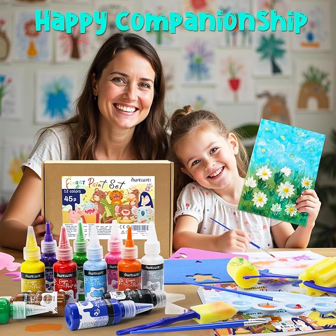 45PCS Kids Washable Finger Paint Kit,12 Colors Non Toxic Finger Paints,Art Painting Supplies for Toddlers - Paper,Brushes,Sponges,Children Drawing Gifts for Kids Boys Girls
