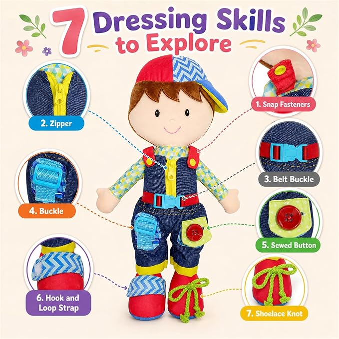 June Garden 15.5" Dressy Friends Lucas - Educational Stuffed Plush Doll for Kids and Toddlers 2 Years and Up - Montessori Buckle Soft Toy - Image 2